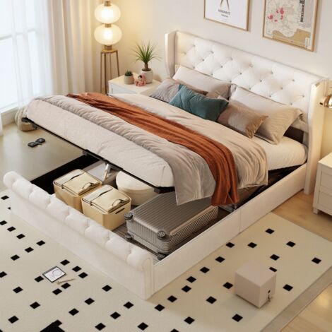 Cama de 140x190 cm con canapé - Terciopelo, cabecero con 2 luces de lectura y carga USB, cama doble con canapé, somier de láminas, estructura de cama, cama para adultos de estilo moderno - Beige