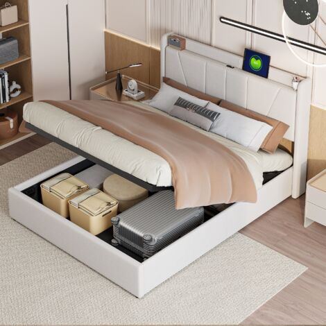 Cama con almacenamiento 140x200 cm, tejido de lino, 2 puertos USB y 1 puerto de carga Type-C, cabecero a rayas, somier de láminas, estructura de cama de metal, Beige