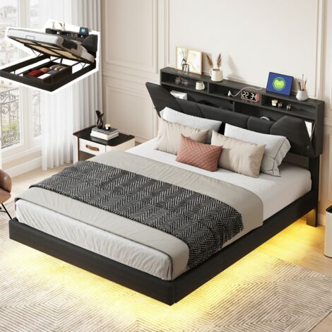 Cama con almacenamiento 140x190 cm, cama doble con somier de láminas, cabecero con iluminación LED, base de metal, diseño moderno, Negro