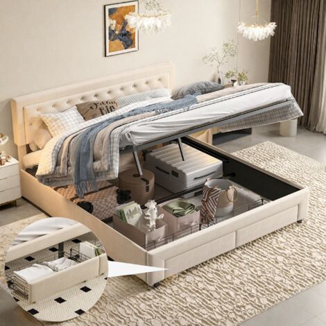 Cama doble con almacenamiento 160x200 cm, 2 cajones en los pies de la cama, cabecero acolchado con ribete de diamantes, espacio de almacenamiento, canapé de láminas, terciopelo - Beige