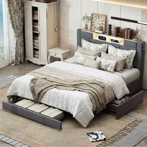 Cama de 140x200 cm con cajones, cama doble con 3 cajones, función de carga USB + Tipo C, cabecero con paneles de almacenaje e iluminación LED, somier de láminas, terciopelo, Gris