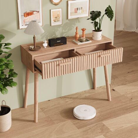 Consola Vintage con 2 Cajones, Mesa de Entrada, Patas de Madera, para Salón, Entrada, Pasillo, Dormitorio - Natural