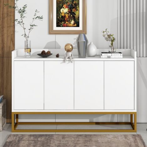 Aparadores 120x30x80cm - con 4 puertas sin tiradores y 3 tabiques, estructura de metal estilo minimalista moderno - Blanco