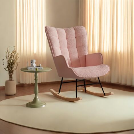 Sillón Mecedor Cómodo en Tela, con Reposabrazos y Respaldo Acolchado, Patas de Madera Maciza, Sillón Mecedor, Estilo Escandinavo - Rosa