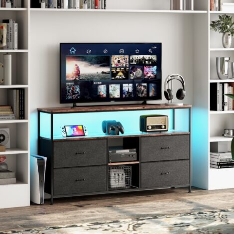 Mueble de TV 108 cm - con 3 cajones, Mueble de TV con iluminación LED, estructura de metal, patas regulables en altura, Mueble de TV diseño vintage - Marrón