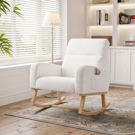 Sillón Mecedor Cómodo en Tela - Sillón cómodo con bolsillos laterales, Estilo Escandinavo, Respaldo Acolchado - Blanco