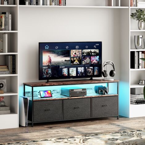 Mueble de TV 137 cm - con 3 cajones de tela marrón, Mueble de TV moderno con iluminación LED, estructura de metal, patas regulables en altura, Mueble de TV moderno - Marrón
