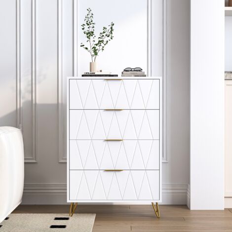 Cómoda 60 cm, cómoda de dormitorio con 4 cajones - Pies dorados, tiradores dorados, decoración de diamante, apta para dormitorio, pasillo, salón, moderna - Blanco