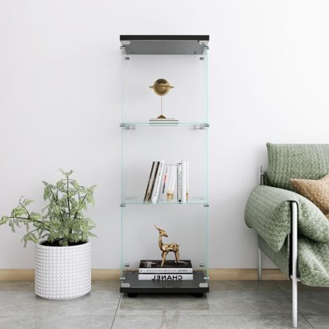 Vitrina de vidrio con 3 estantes, biblioteca de vidrio con patas negras para salón, dormitorio, oficina - Negro