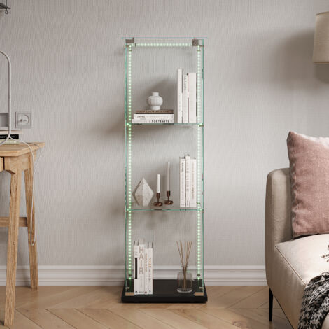 Vitrina de vidrio, vitrina independiente con iluminación LED y 3 (compartimentos) de almacenamiento, base de metal, vitrina para colección, 35x39x123 cm, Negro