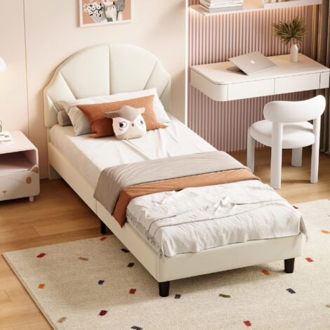 Cama individual 90x200 cm, cama infantil con canapé de láminas, cabecero redondo, terciopelo, diseño moderno, Beige