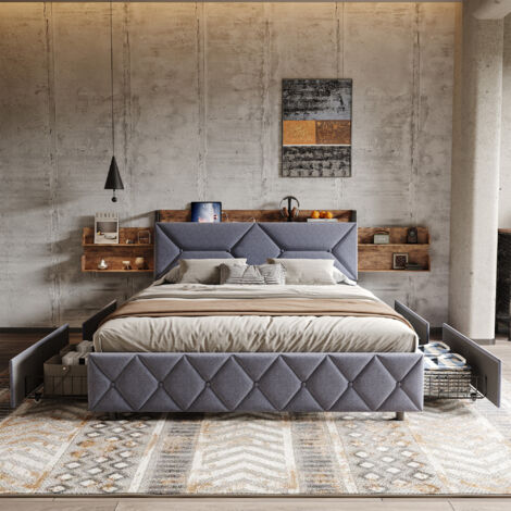 Cama 140x200 cm, con 4 cajones de hierro, cama doble con canapé de láminas, cabecero con almacenamiento y decoración de diamante, cargador USB, terciopelo, Moderna, Gris