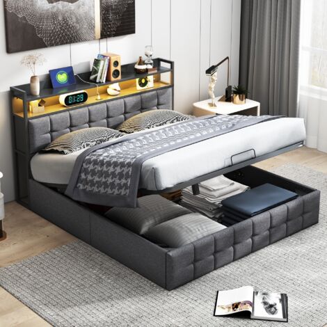 Cama con almacenamiento 140x200 cm, tejido de lino, Cama doble con cabecero con almacenamiento, iluminación LED y carga USB, canapé de láminas - Gris