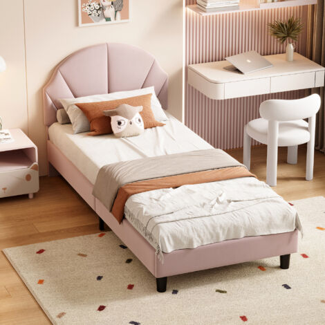 Cama individual 90x200 cm, cama infantil con canapé de láminas, cabecero redondo, terciopelo, diseño moderno, Rosa