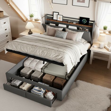 Cama con almacenamiento 140x190 cm, tejido de lino, cama doble con canapé de láminas, cabecero con iluminación LED y USB, 2 cajones, gran espacio de almacenamiento, diseño, Gris oscuro