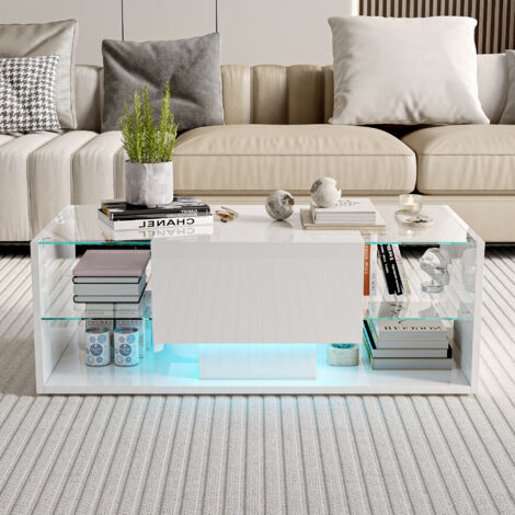 Mesa de centro con estante de vidrio, rectangular, acabado brillante, con iluminación LED y 1 cajón de almacenamiento, diseño, 100x50x35 cm, Blanco