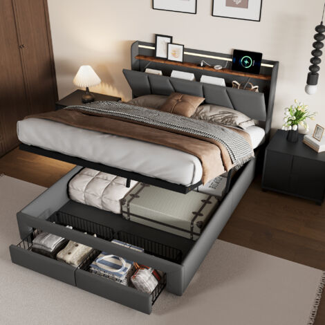 Cama con almacenamiento 160x200 cm, tejido de lino, cama doble con canapé de láminas, cabecero con iluminación LED y USB, 2 cajones, gran espacio de almacenamiento, diseño, Gris oscuro