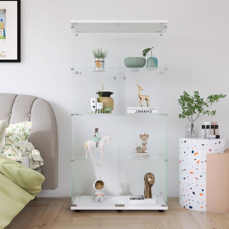 Vitrina de vidrio con 4 estantes, biblioteca de vidrio independiente negra de doble puerta para salón, dormitorio, oficina – Blanco