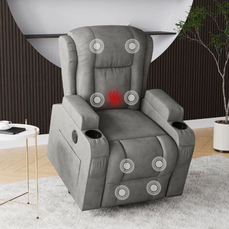 Sillón relax eléctrico con reposapiés, 8 puntos de masaje, calefacción, respaldo reclinable, mando a distancia, bolsillos laterales, puerto USB, antiestático, Gris