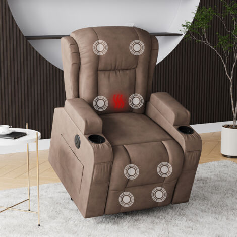 Sillón relax eléctrico con reposapiés, 8 puntos de masaje, calefacción, respaldo reclinable, mando a distancia, bolsillos laterales, puerto USB, antiestático, Marrón