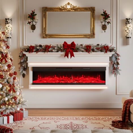 Chimenea eléctrica de pared 127 cm - Acabado Brillante – Mando a distancia, ajuste de llama/luz, calefacción 2 potencias (750W/1500W) - Blanco