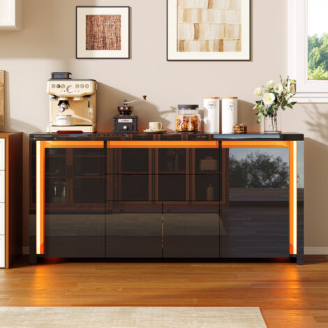 Aparadores con 4 puertas y 2 cajones - acabado brillante con iluminación LED, mueble de TV con almacenamiento - mueble de cocina - Negro