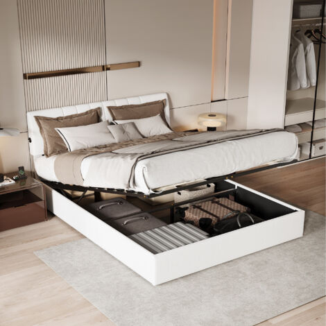 Cama con almacenamiento 160x200 cm, cama doble con almacenamiento, cabecero tapizado con puerto USB, canapé de láminas, terciopelo Teddy, diseño, Blanco