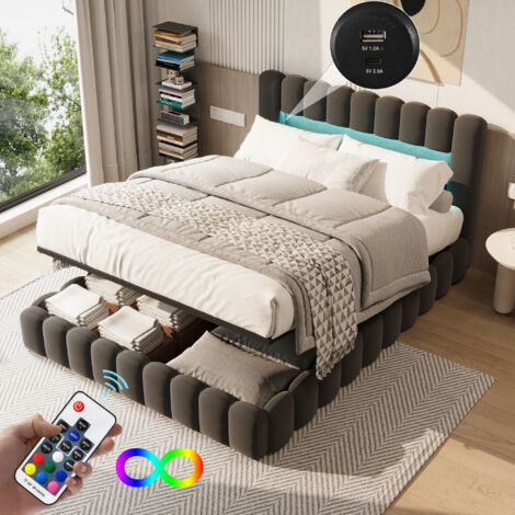 Cama con almacenamiento 180x200 cm - tejido de Lino, con puerto de recarga USB y Type-C, cabecero con iluminación LED, canapé de láminas - Gris