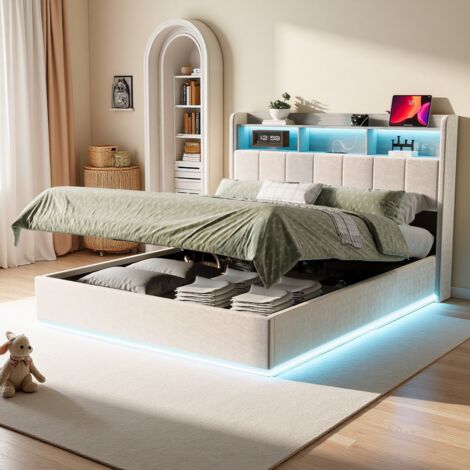 Cama con almacenamiento 140x190 cm, tejido de terciopelo, cabecero con almacenamiento, puerto de carga USB y Type-C, iluminación LED, canapé de láminas, cama adulto tapizada, Blanco