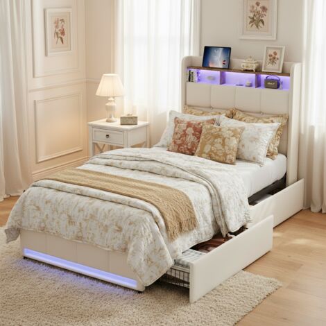Cama 90x200 cm con 2 cajones, cama adulto tapizada - con tira LED y cabecero con almacenamiento - canapé de láminas, tejido de lino - Beige