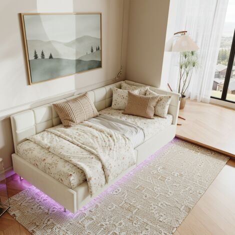 Cama con almacenamiento 90x200 cm, cama individual con iluminación LED integrada, puertos USB y Type-C, base de tablero de madera, moderna, terciopelo - Crema
