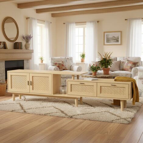 Muebles de televisión rattán 180 cm, Muebles de televisión con 2 cajones y 2 puertas - exterior de madera, tiradores negros, longitud regulable - estilo rústico, Natural