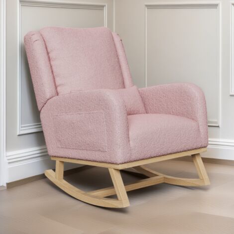 Sillón Mecedor, Sillón Mecedor con estructura de madera maciza, con 2 bolsillos laterales, respaldo alto cómodo, material de felpa, estilo nórdico, Rosa