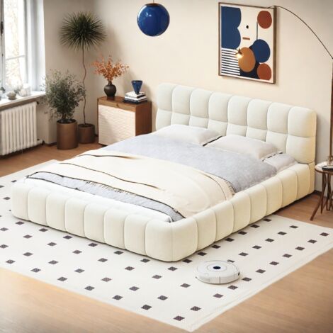 Cama 160x200 cm, con respaldo mullido - estructura de cama, canapé de láminas, cabecero, Cama doble tejido de lino - diseño moderno, Beige (1/5)