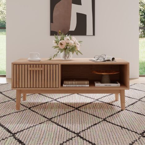 Mesa de centro 100 cm, con cajones y compartimentos abiertos, decoración a rayas, pies de madera, mesa de salón, mesa de apoyo, Natural