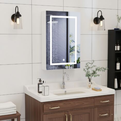 Espejo con Armario LED para Baño - Iluminación de Intensidad y Color Ajustables, 2 Estantes de Vidrio, 50x70 cm - Mueble de baño de pared - Blanco