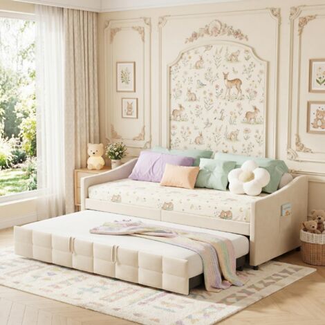 Cama nido 90x180/200 cm, sofá cama extensible acolchado con canapé de láminas de madera, diseño moderno, 2 plazas, terciopelo, Beige