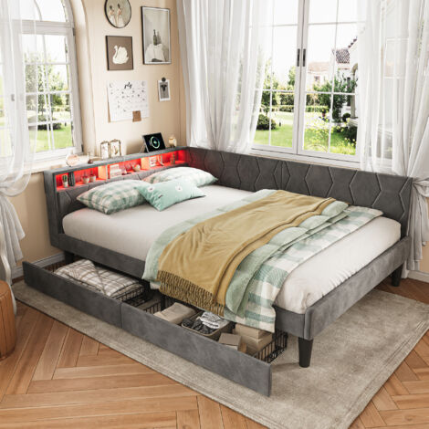 Cama adulto 140x200 con cajones, cama doble - con LED y USB, canapé de láminas - sofá cama convertible - tejido terciopelo, Gris (1/5)