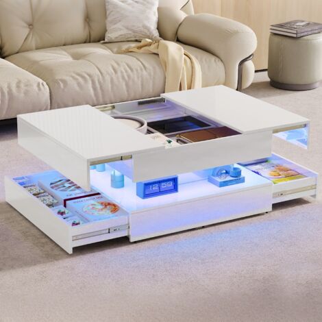 Mesa de Centro Cuadrada 78 cm, con Iluminación LED RGB Controlada por App - Tablero Brillante, Gran Almacenamiento - para Salón y Dormitorio - Blanco