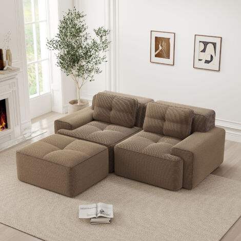 Sofá modular 2 plazas con reposapiés - Forma en L, respaldo mullido, tejido de pana, Design moderno - Marrón (1/5)
