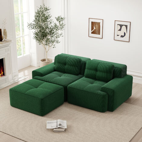 Sofá modular 2 plazas con reposapiés - Forma en L, respaldo mullido, tejido de pana, Design moderno - Verde (1/5)