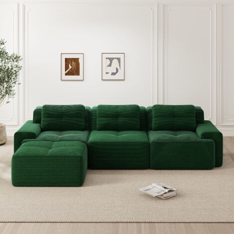 Sofá Modular 3 Plazas, Pana - Sofá de Esquina con Puff, Confort Mullido Sin Estructura Rígida - Verde