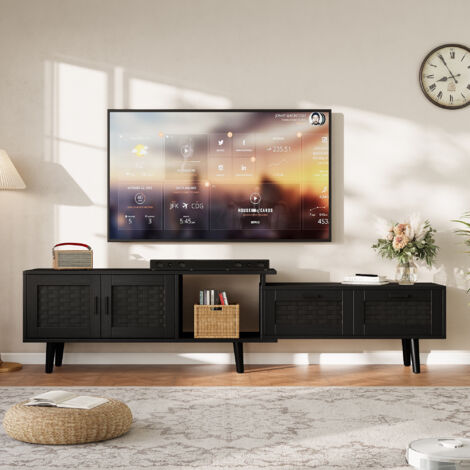 Muebles de televisión Rattan 180 cm, Muebles de televisión con 2 cajones y 2 puertas, exterior de madera, tiradores negros, longitud regulable, estilo rústico, Negro