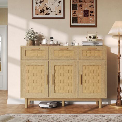 Cómoda 3 Cajones y Puerta en Rattan – Acabado de Madera Natural, Tiradores Negros y Pies de Columna, Escandinava – Natural
