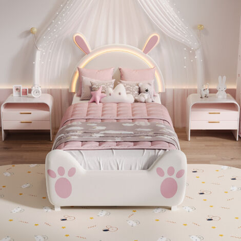 Cama individual 90x200 cm, Cama Infantil con Cabecero Tapizado – Cómoda y con Diseño, Canapé de Láminas Incluido – Blanco