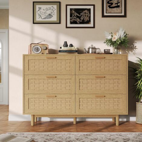 Cómoda de rattan 115 cm, Cómoda de dormitorio 6 Cajones – Acabado de Madera Natural, Tiradores de Metal y Pies de Madera, Escandinava – Natural