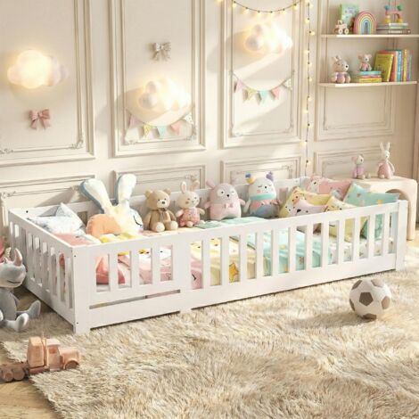 Cama casa infantil 80x160 cm – barandilla de seguridad incluida, canapé de láminas, anti-caídas, madera maciza, estilo escandinavo – Blanco