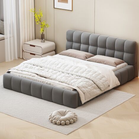 Cama 140x190 cm estilo nórdico - con cabecero acolchado, estructura y somier de láminas incluidos - Gris