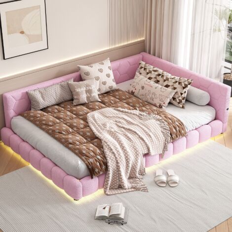 Cama nido 140x200 cm, tapizada en tela, cabecero capitonado, con puertos de carga USB, iluminación LED y somier de láminas - Rosa