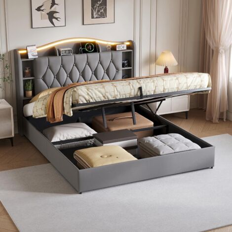 Cama Canapé Abatible 160x200 cm, Cama Doble con LED y USB – Somier de Láminas, Tapizado Suave tipo Peluche (Teddy), Gran Almacenaje, Diseño Moderno – Gris